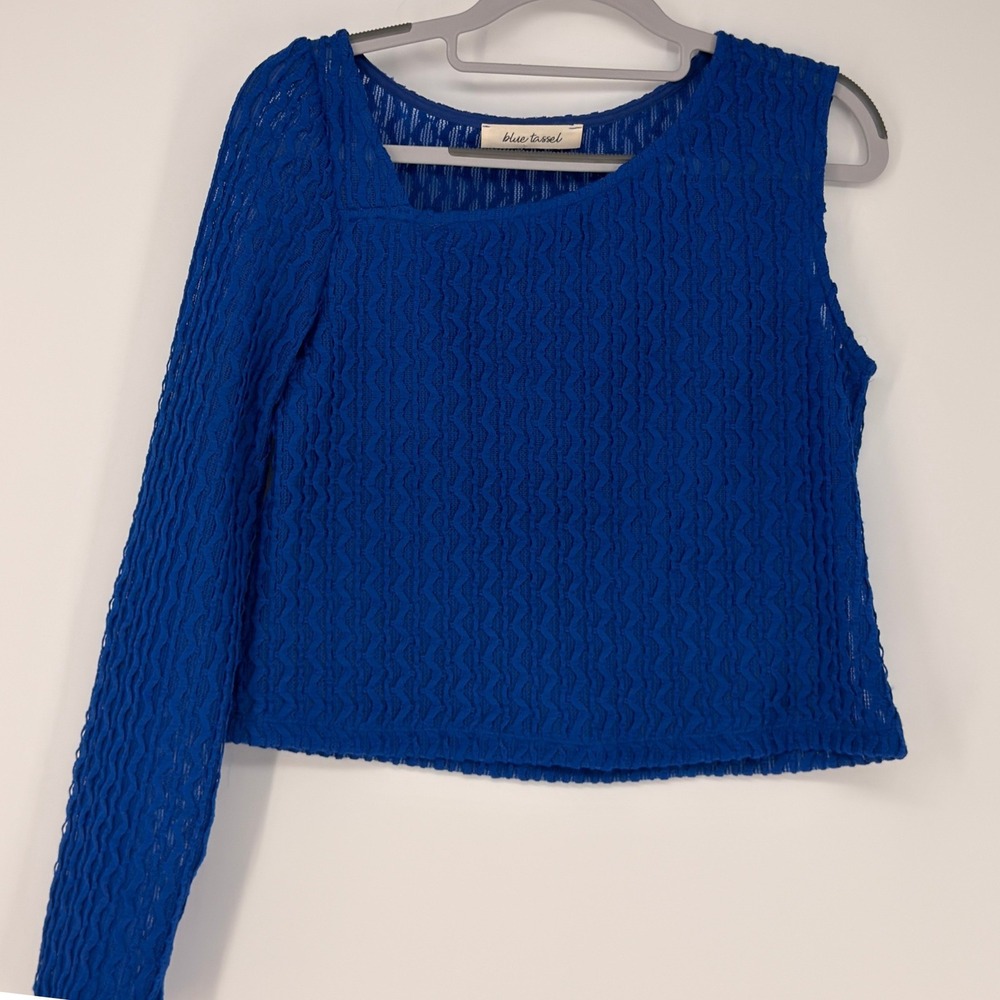Blue Tassel One Shoulder Top Womens Small Cobalt‎ Blue Textured Asymmetric Mesh